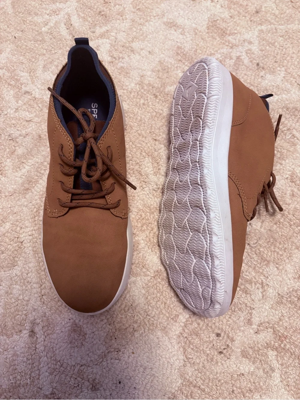 Sperry Tan Brown Leather Chukka Boots with Navy Accents